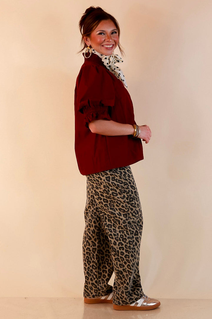 For Good Measure Smocked Ruffle Placket Puff Sleeve Button Up Top in Maroon