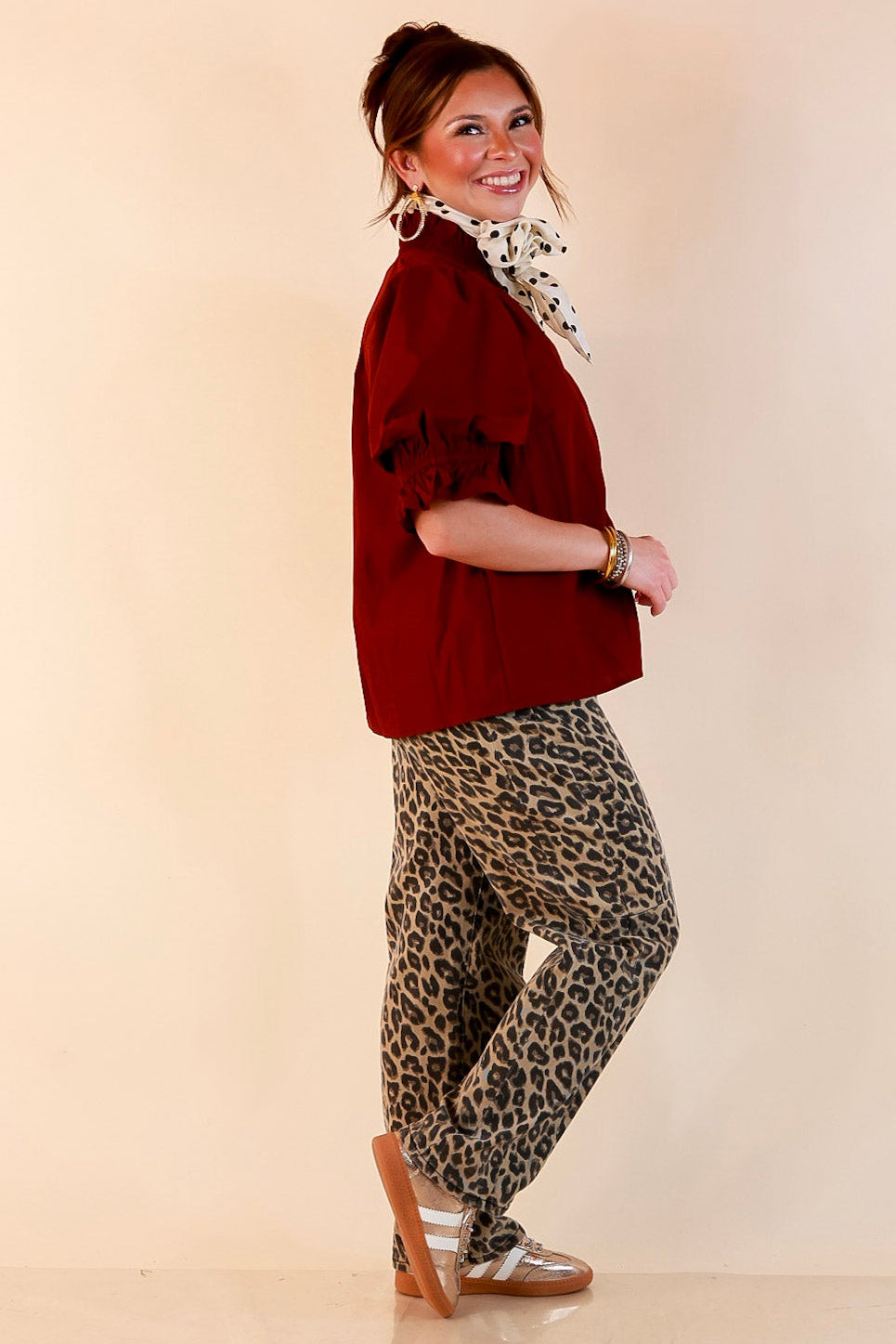 For Good Measure Smocked Ruffle Placket Puff Sleeve Button Up Top in Maroon