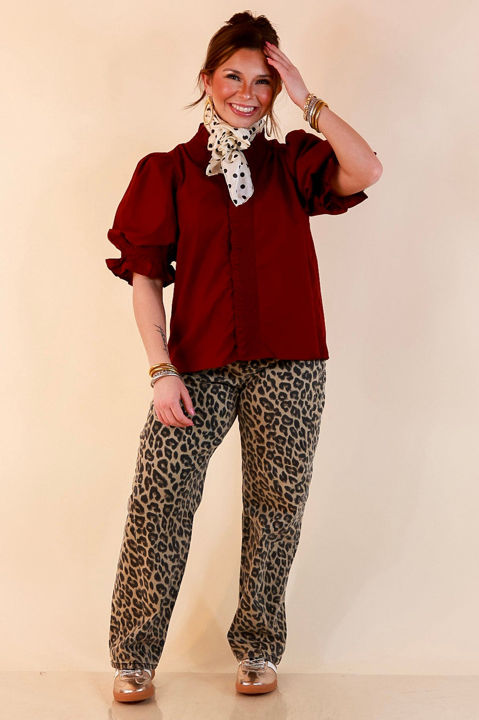 For Good Measure Smocked Ruffle Placket Puff Sleeve Button Up Top in Maroon