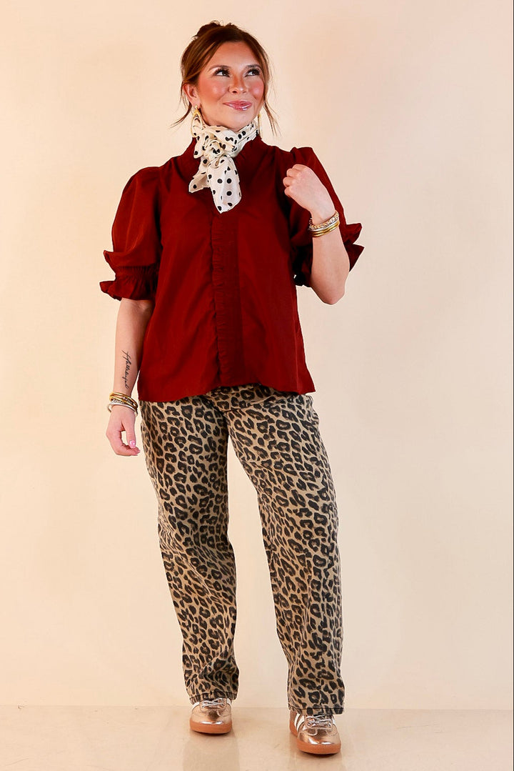 For Good Measure Smocked Ruffle Placket Puff Sleeve Button Up Top in Maroon