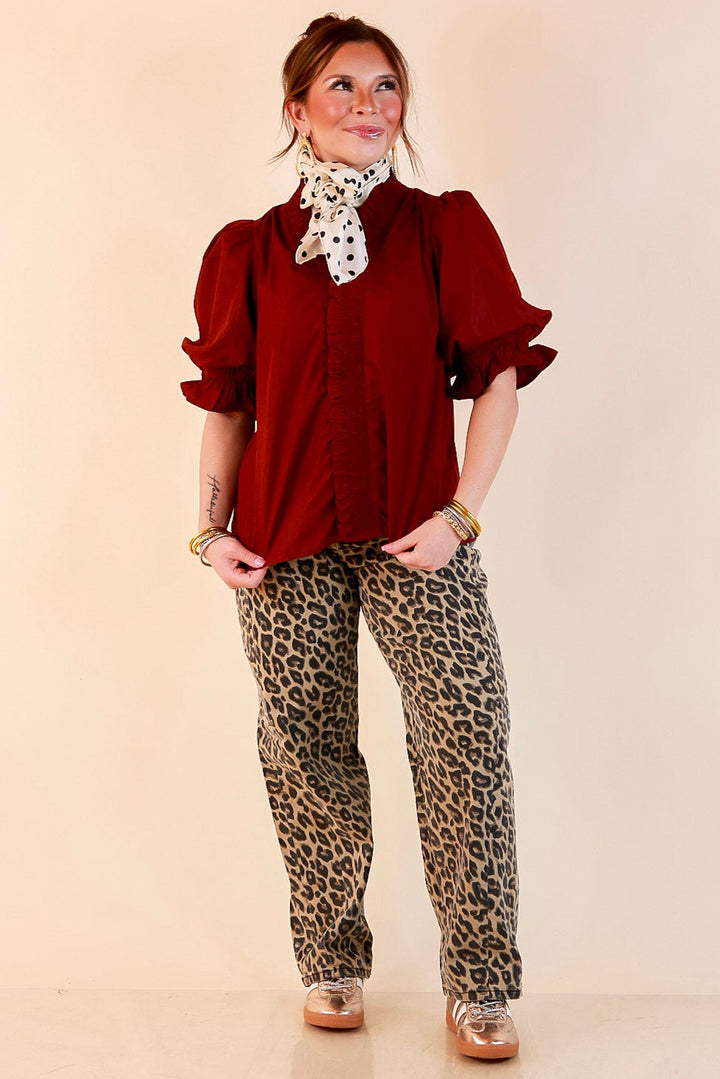 For Good Measure Smocked Ruffle Placket Puff Sleeve Button Up Top in Maroon