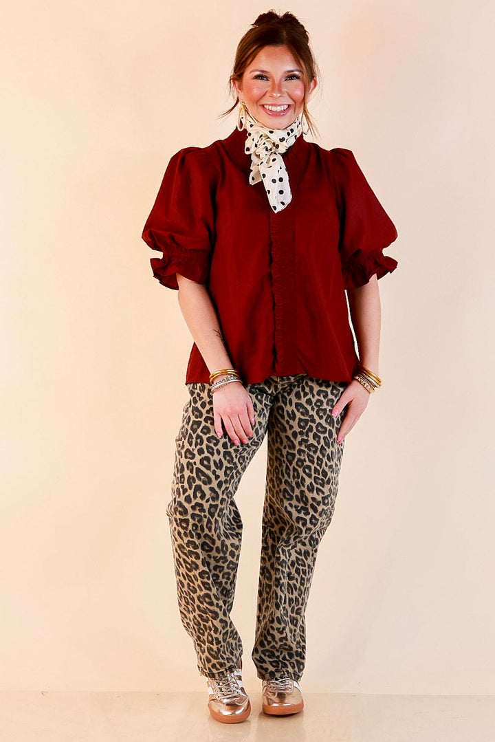 For Good Measure Smocked Ruffle Placket Puff Sleeve Button Up Top in Maroon