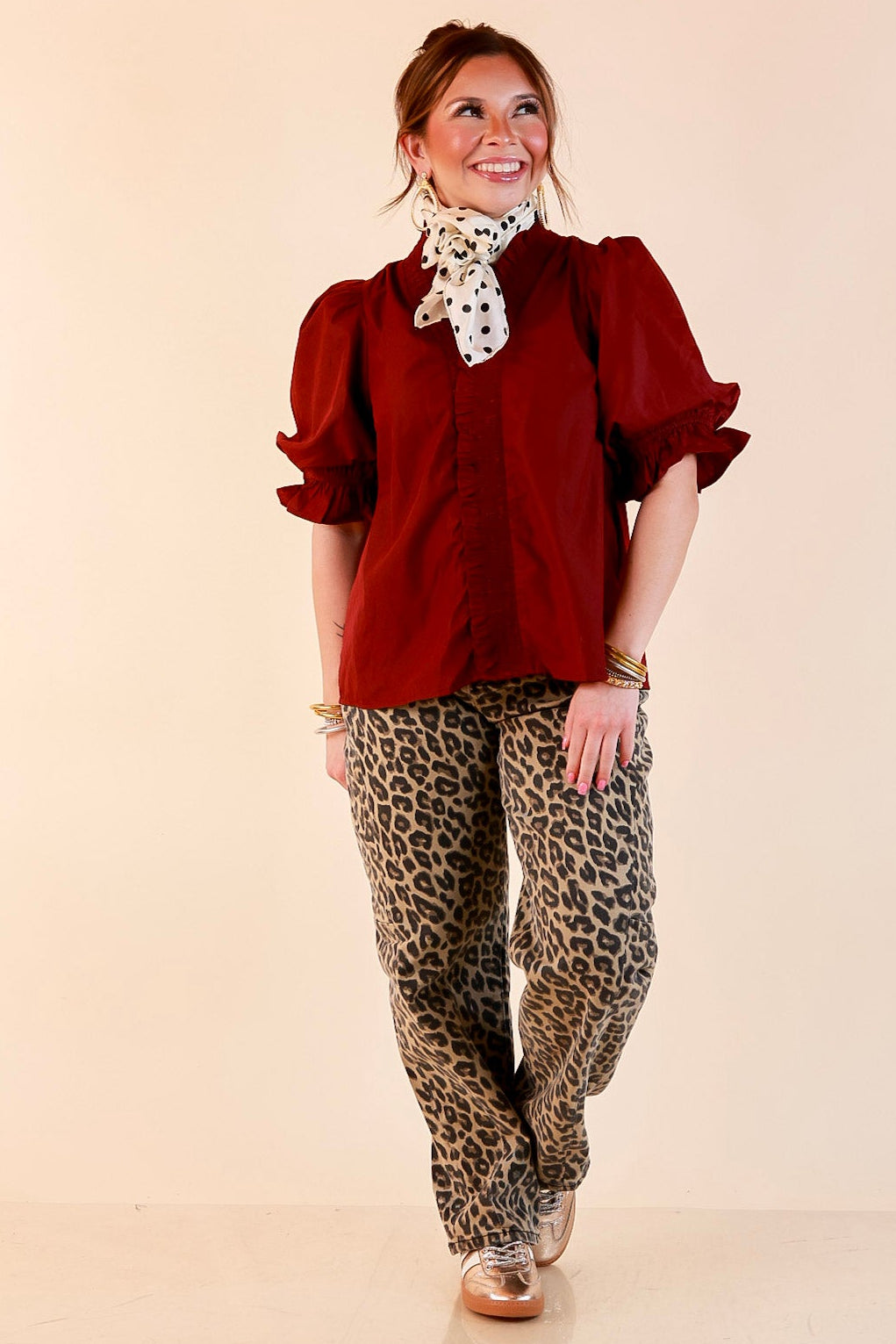 For Good Measure Smocked Ruffle Placket Puff Sleeve Button Up Top in Maroon