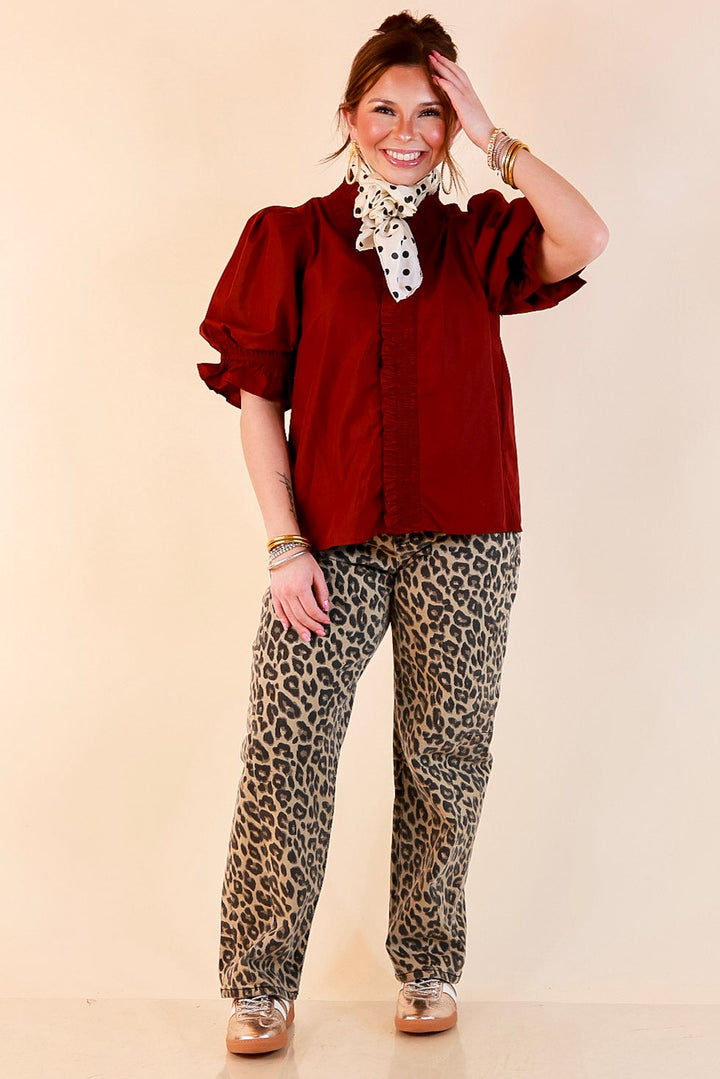 For Good Measure Smocked Ruffle Placket Puff Sleeve Button Up Top in Maroon