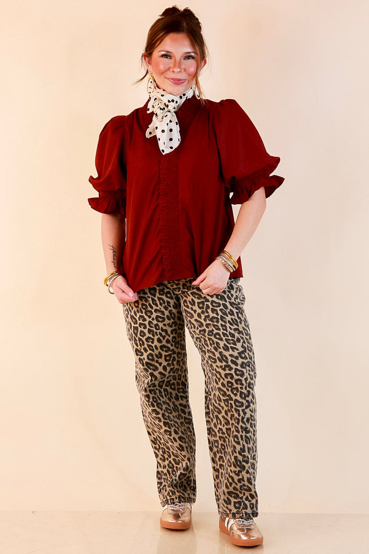 For Good Measure Smocked Ruffle Placket Puff Sleeve Button Up Top in Maroon