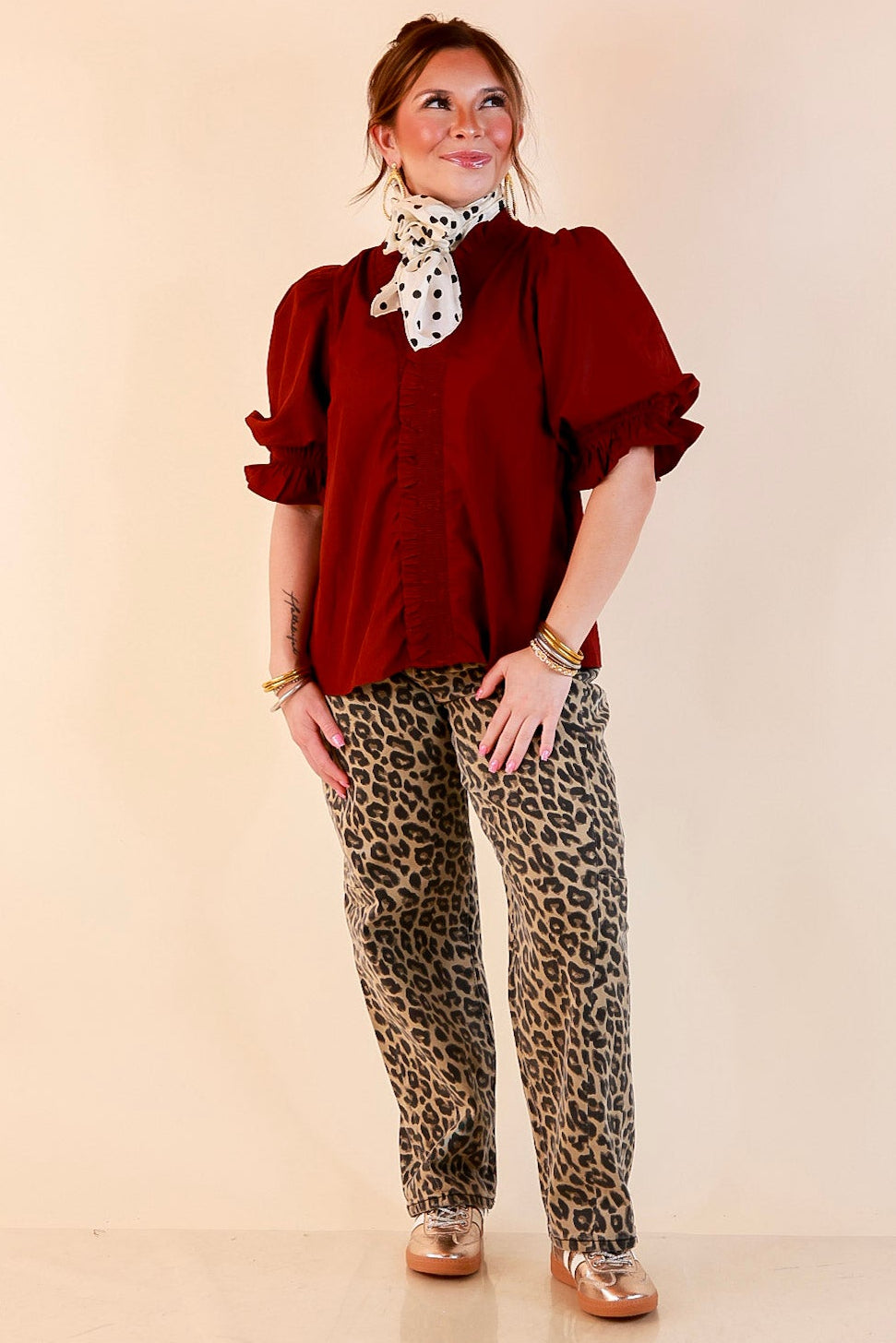 For Good Measure Smocked Ruffle Placket Puff Sleeve Button Up Top in Maroon