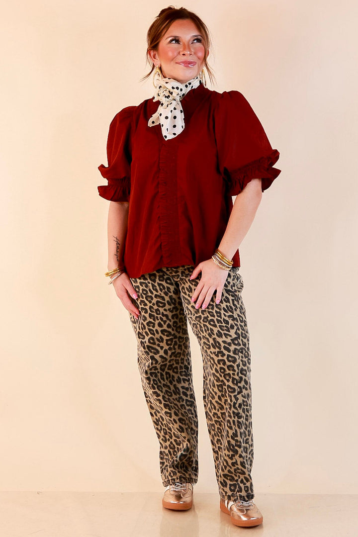 For Good Measure Smocked Ruffle Placket Puff Sleeve Button Up Top in Maroon