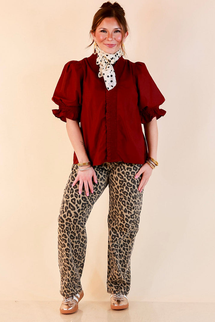 For Good Measure Smocked Ruffle Placket Puff Sleeve Button Up Top in Maroon