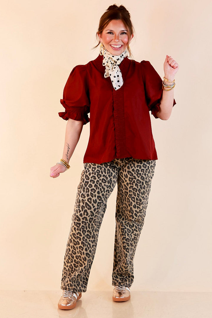 For Good Measure Smocked Ruffle Placket Puff Sleeve Button Up Top in Maroon