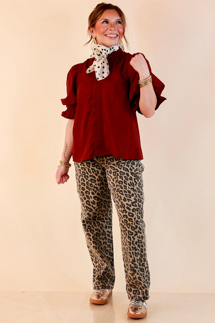 For Good Measure Smocked Ruffle Placket Puff Sleeve Button Up Top in Maroon