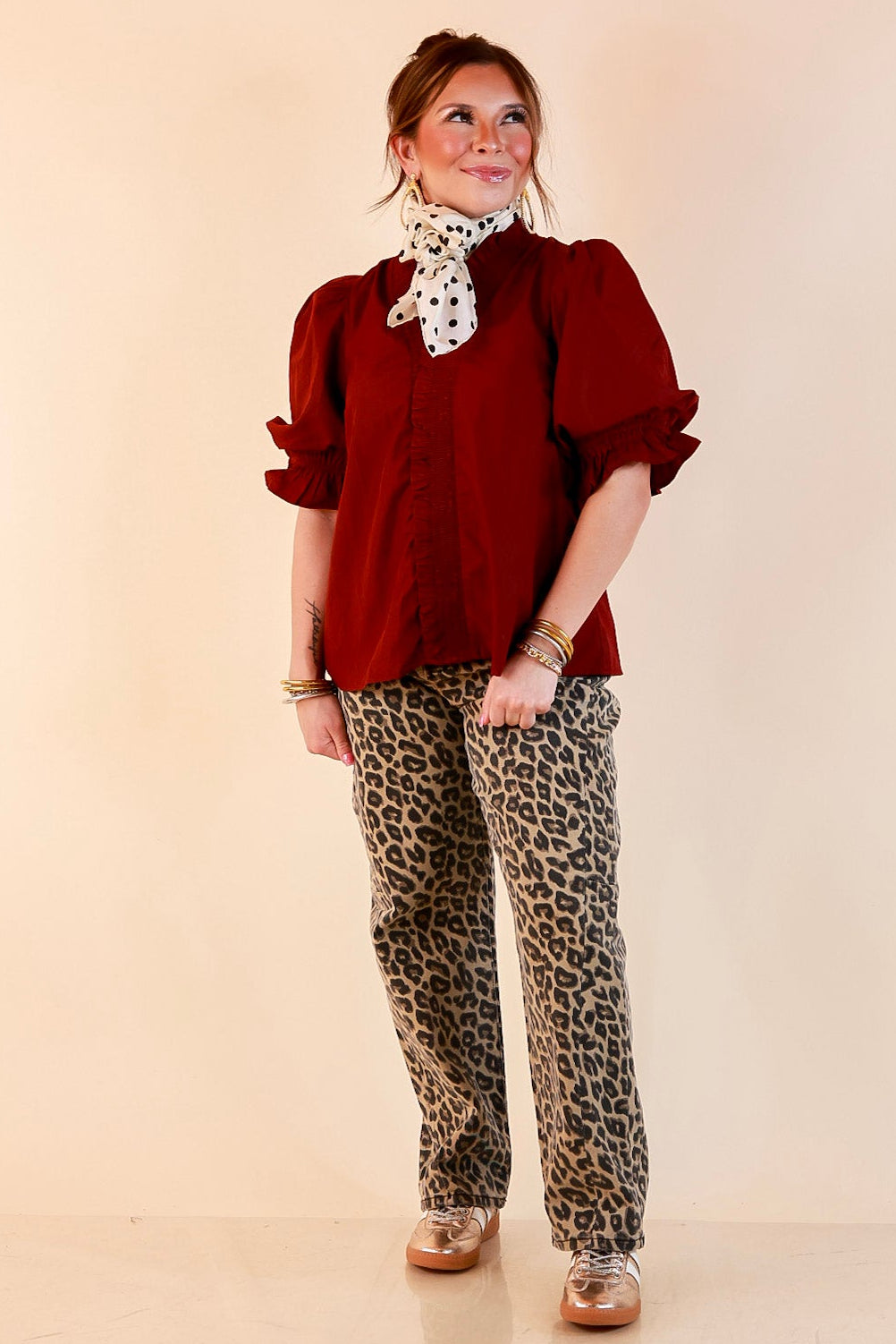 For Good Measure Smocked Ruffle Placket Puff Sleeve Button Up Top in Maroon