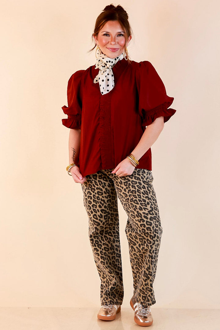 For Good Measure Smocked Ruffle Placket Puff Sleeve Button Up Top in Maroon