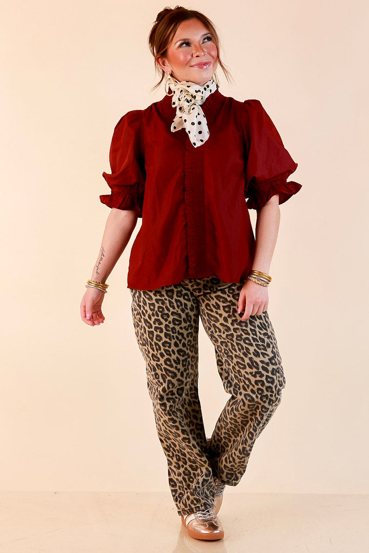 For Good Measure Smocked Ruffle Placket Puff Sleeve Button Up Top in Maroon