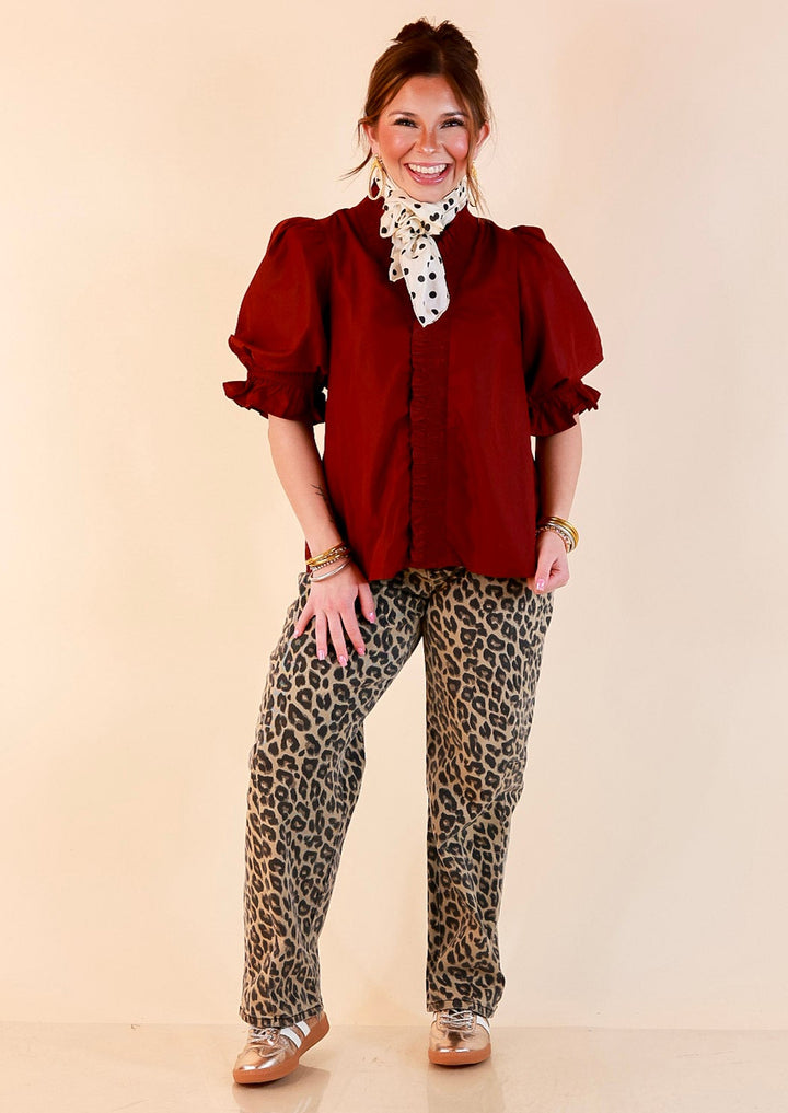 For Good Measure Smocked Ruffle Placket Puff Sleeve Button Up Top in Maroon