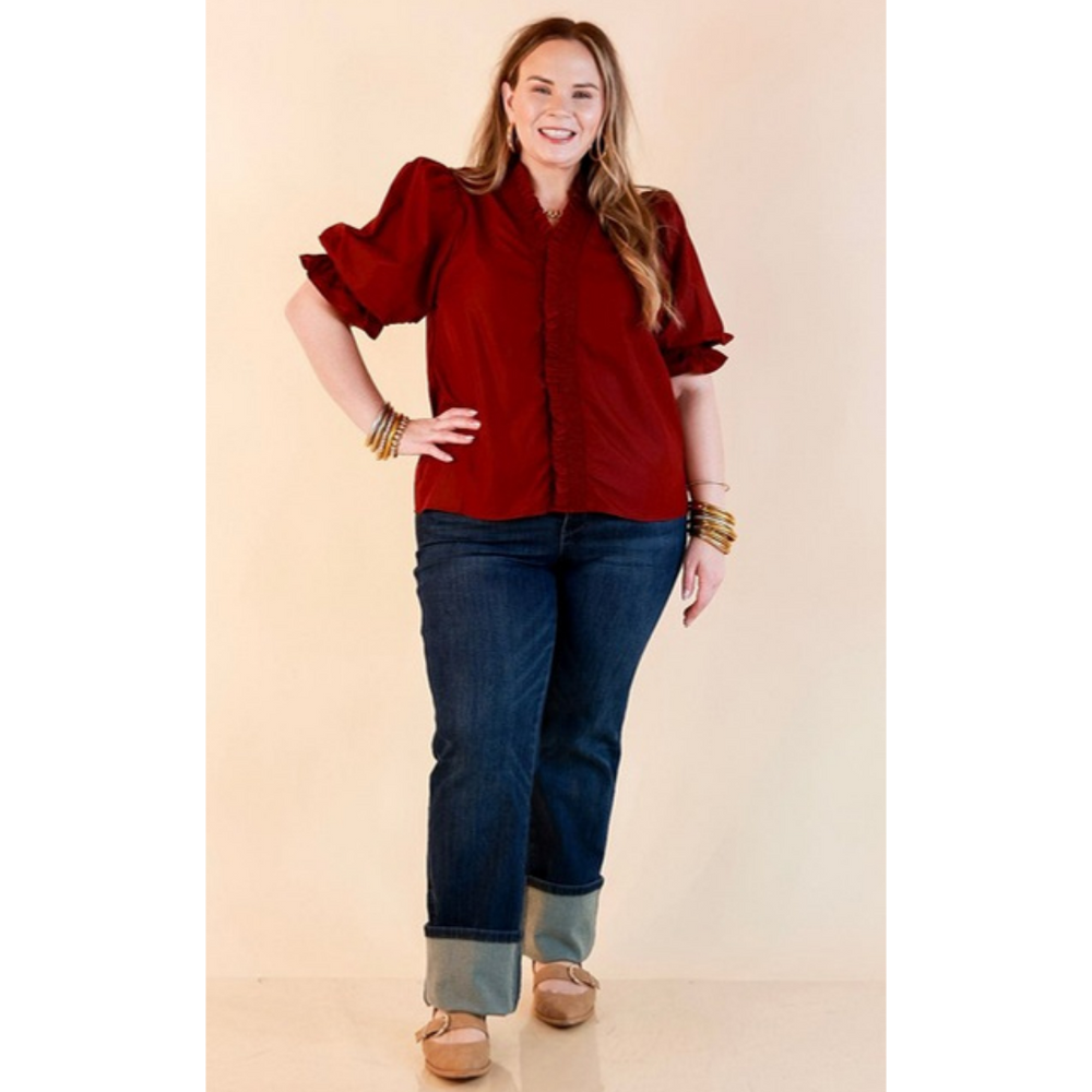 For Good Measure Smocked Ruffle Placket Puff Sleeve Button Up Top in Maroon
