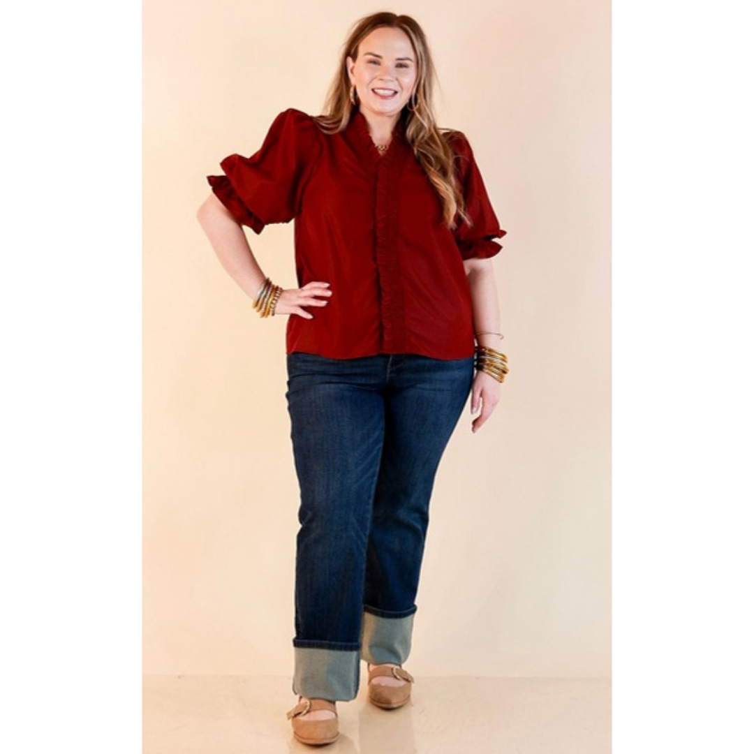 For Good Measure Smocked Ruffle Placket Puff Sleeve Button Up Top in Maroon