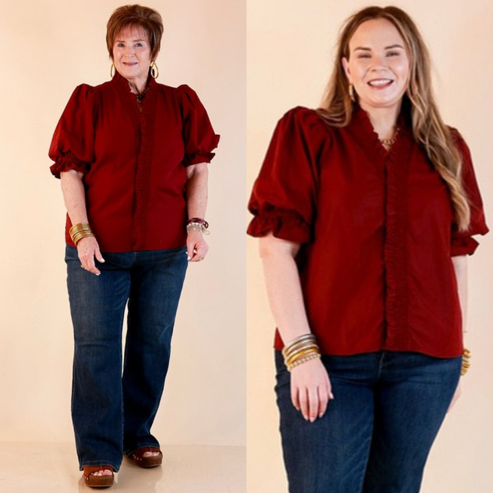 For Good Measure Smocked Ruffle Placket Puff Sleeve Button Up Top in Maroon