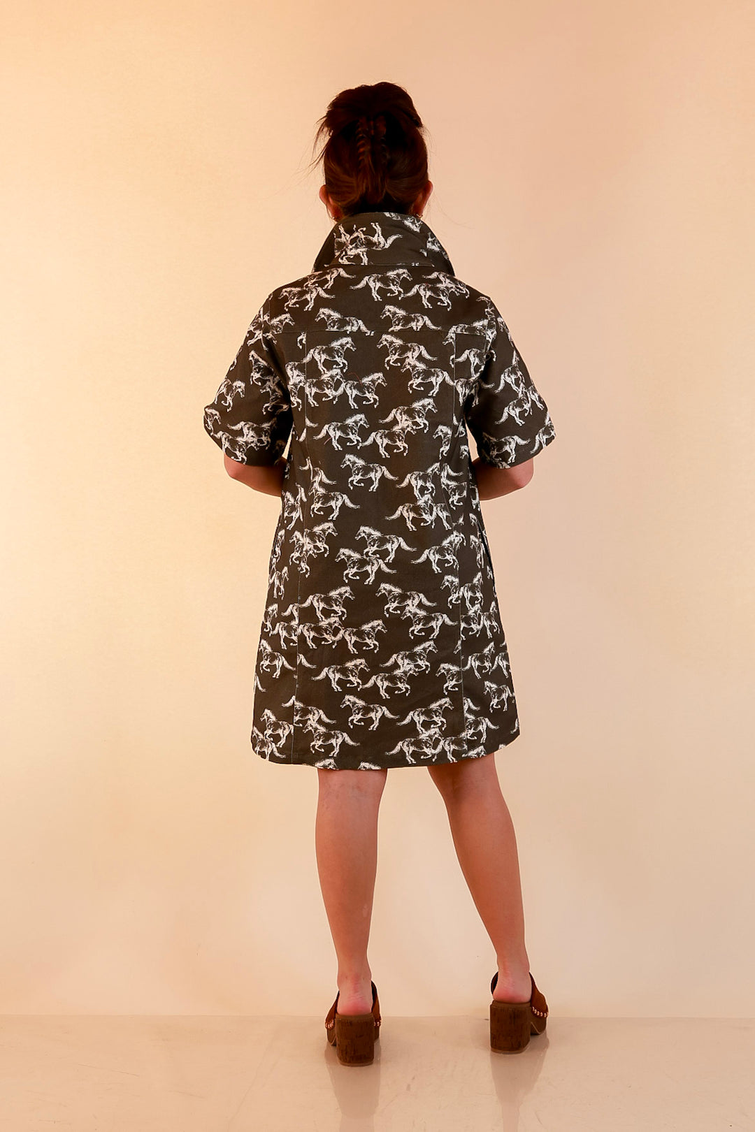 Free Rein Running Horse Print Collared Half Zip Short Sleeve Shift Dress in Olive Green