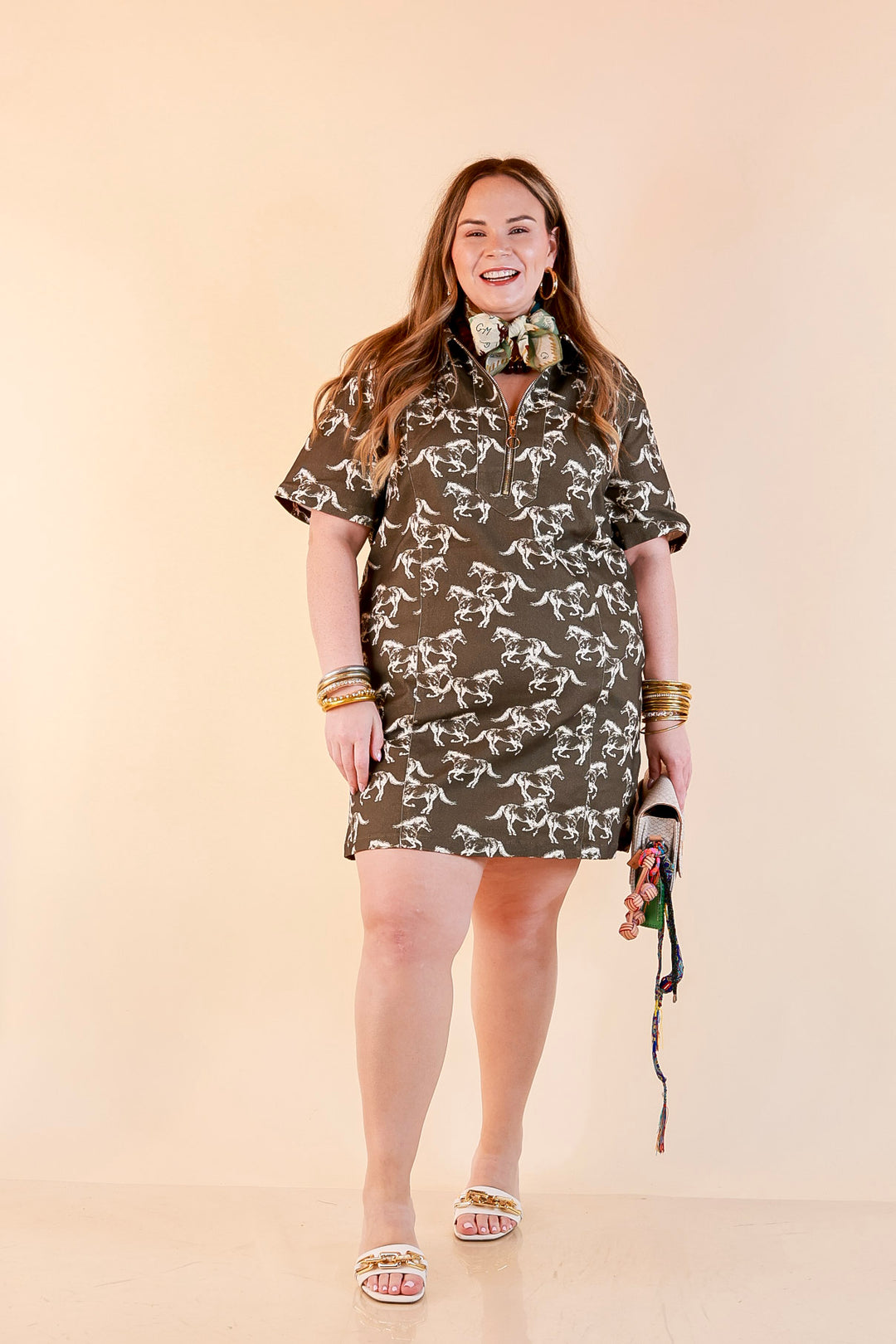 Free Rein Running Horse Print Collared Half Zip Short Sleeve Shift Dress in Olive Green