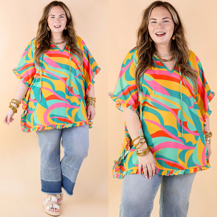 Fun and Free Flowy Top with Ruffle Trim in Gold Mix