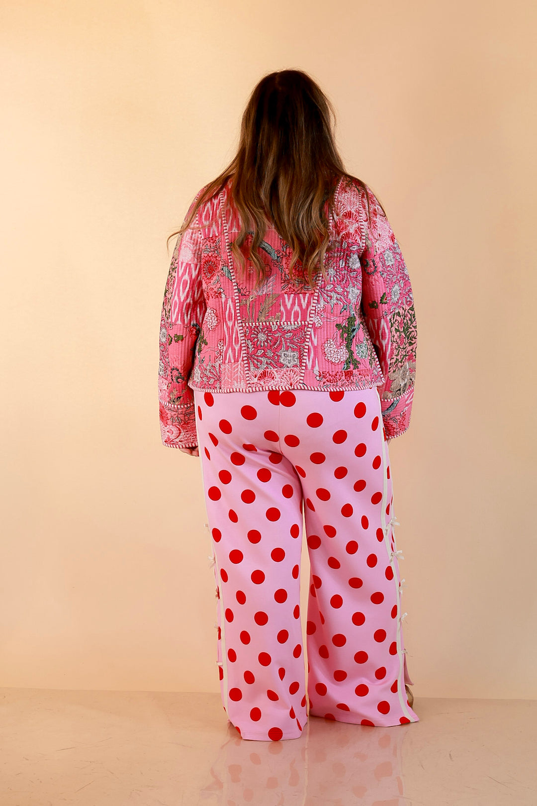 Fresh Take Quilted Patchwork Block Print Open Front Jacket with Striped Trim in Pink