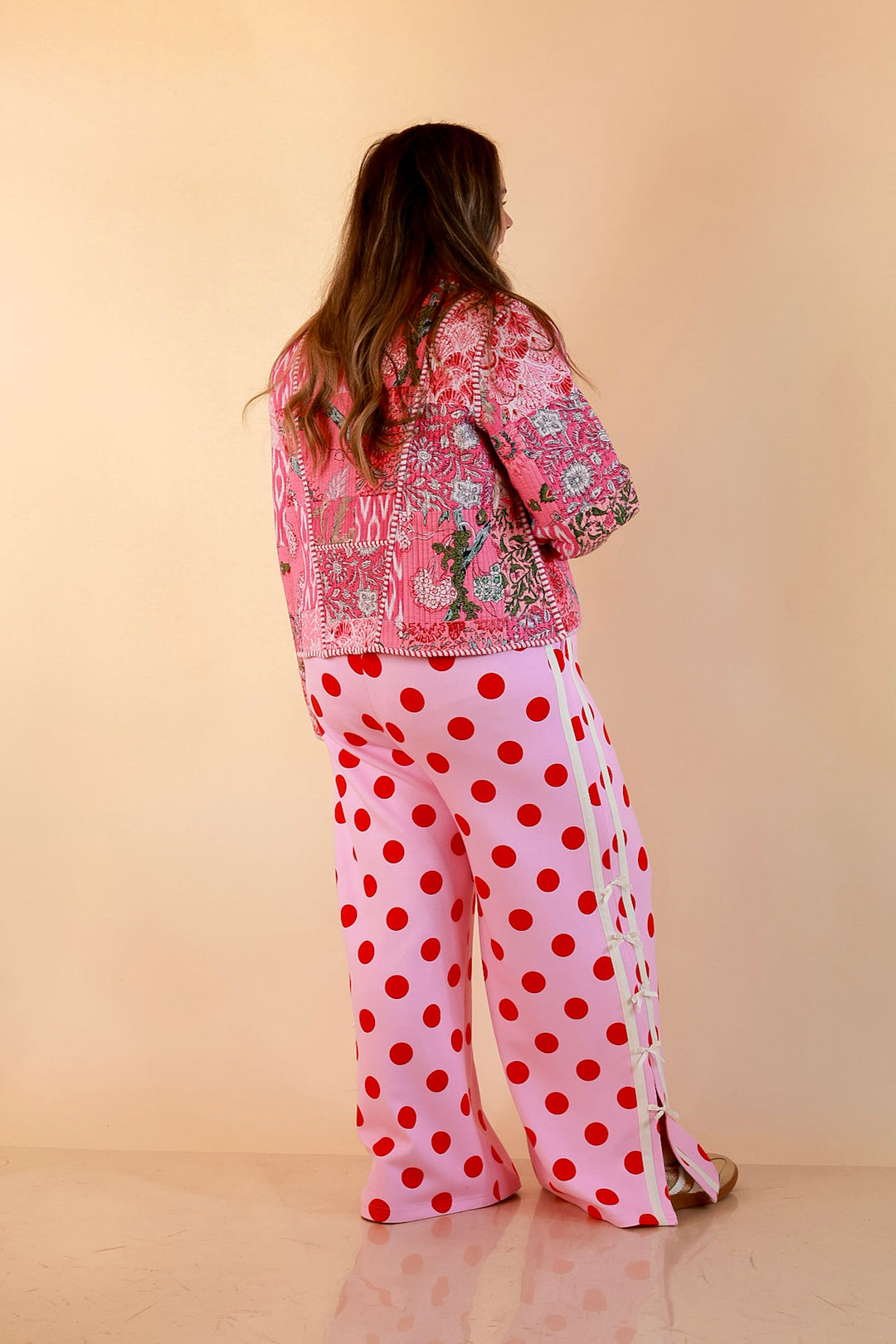 Fresh Take Quilted Patchwork Block Print Open Front Jacket with Striped Trim in Pink