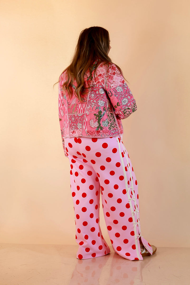 Fresh Take Quilted Patchwork Block Print Open Front Jacket with Striped Trim in Pink