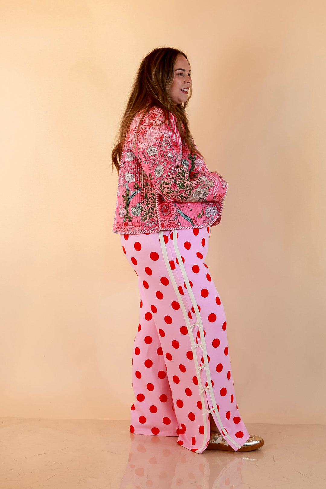 Fresh Take Quilted Patchwork Block Print Open Front Jacket with Striped Trim in Pink