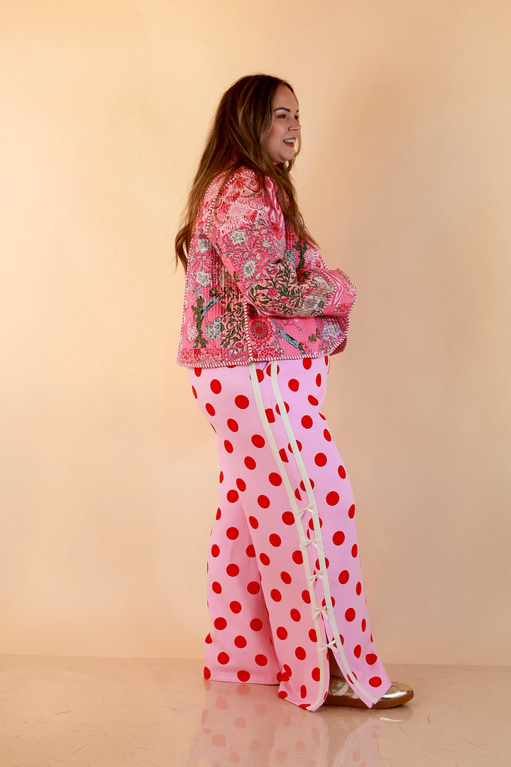 Fresh Take Quilted Patchwork Block Print Open Front Jacket with Striped Trim in Pink