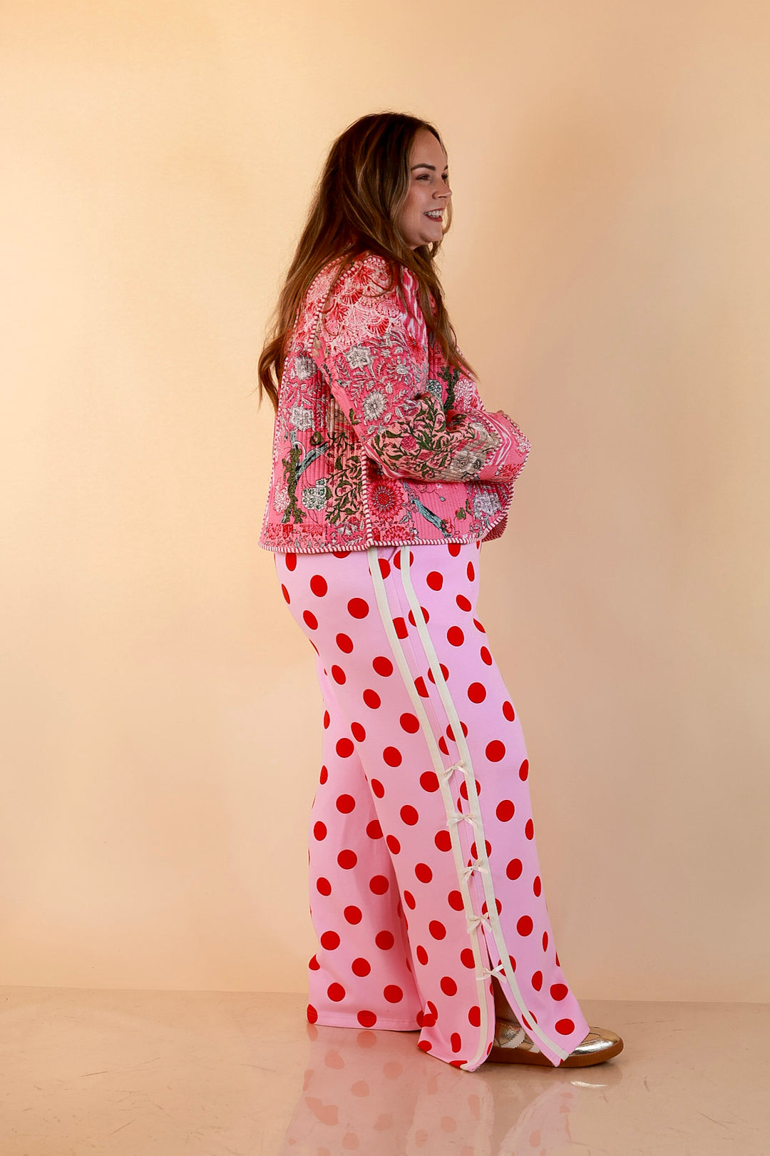 Fresh Take Quilted Patchwork Block Print Open Front Jacket with Striped Trim in Pink