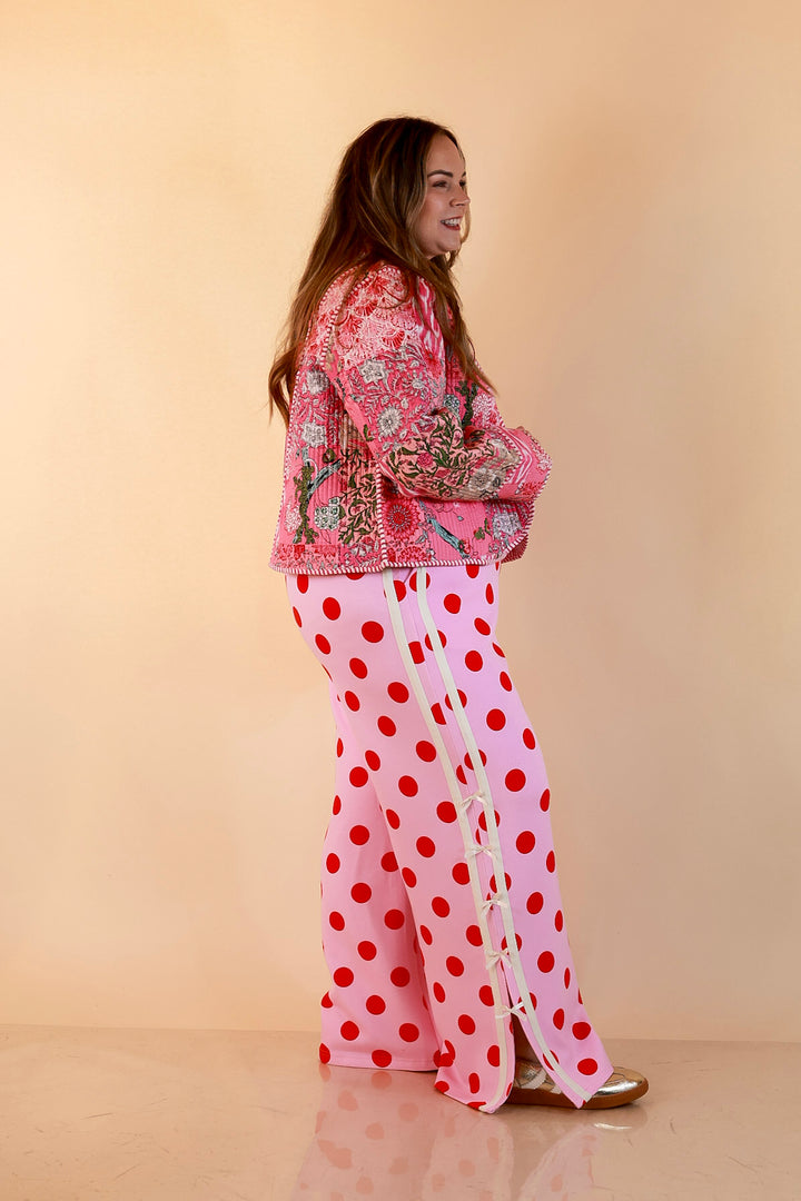 Fresh Take Quilted Patchwork Block Print Open Front Jacket with Striped Trim in Pink