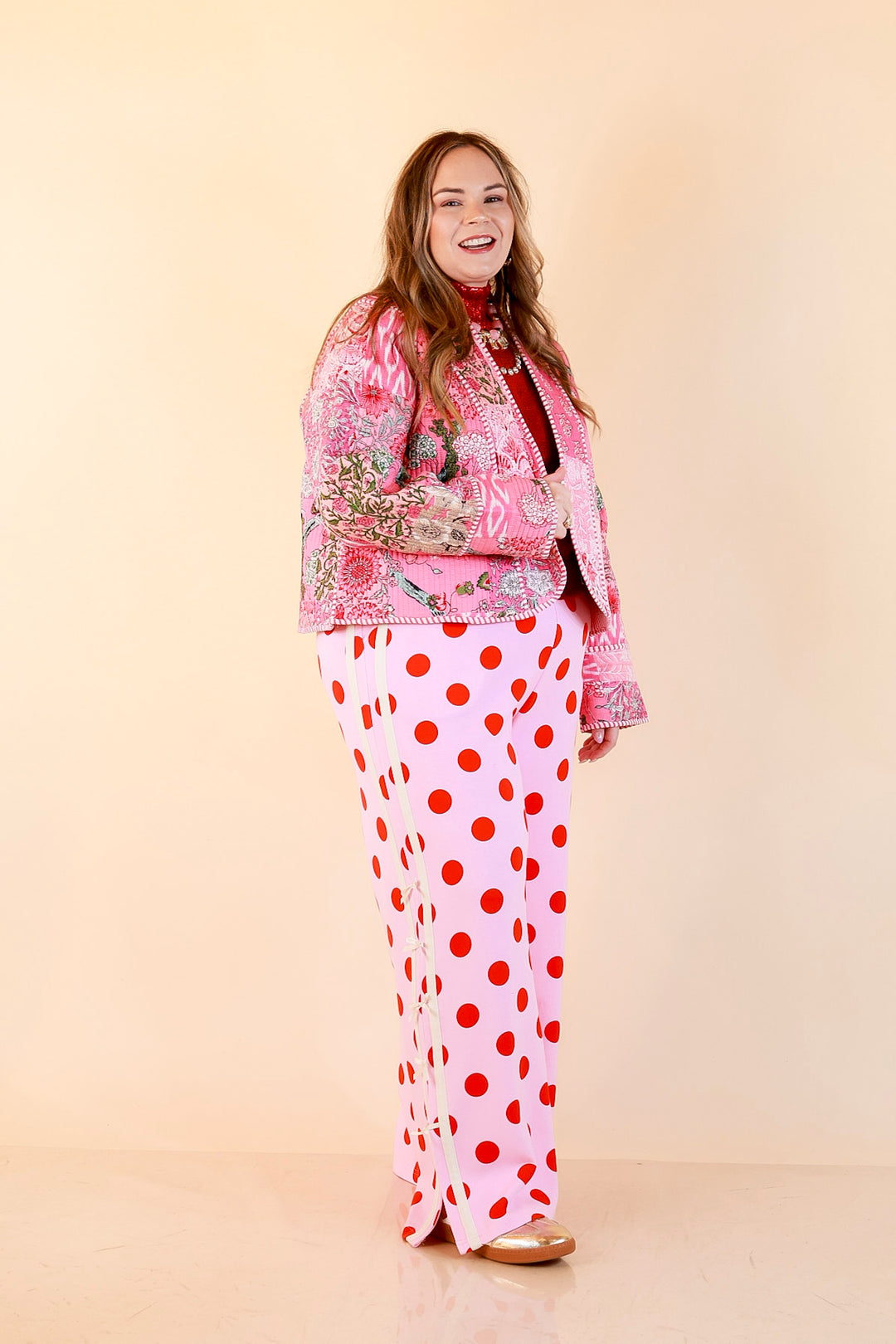 Fresh Take Quilted Patchwork Block Print Open Front Jacket with Striped Trim in Pink