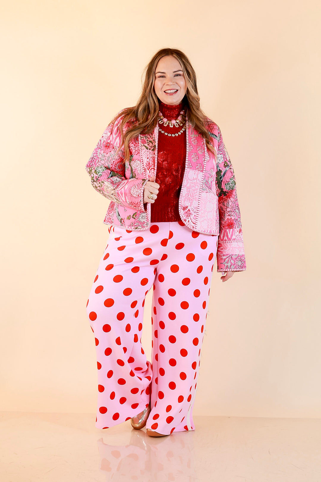 Fresh Take Quilted Patchwork Block Print Open Front Jacket with Striped Trim in Pink