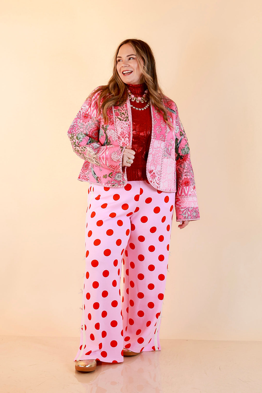 Fresh Take Quilted Patchwork Block Print Open Front Jacket with Striped Trim in Pink