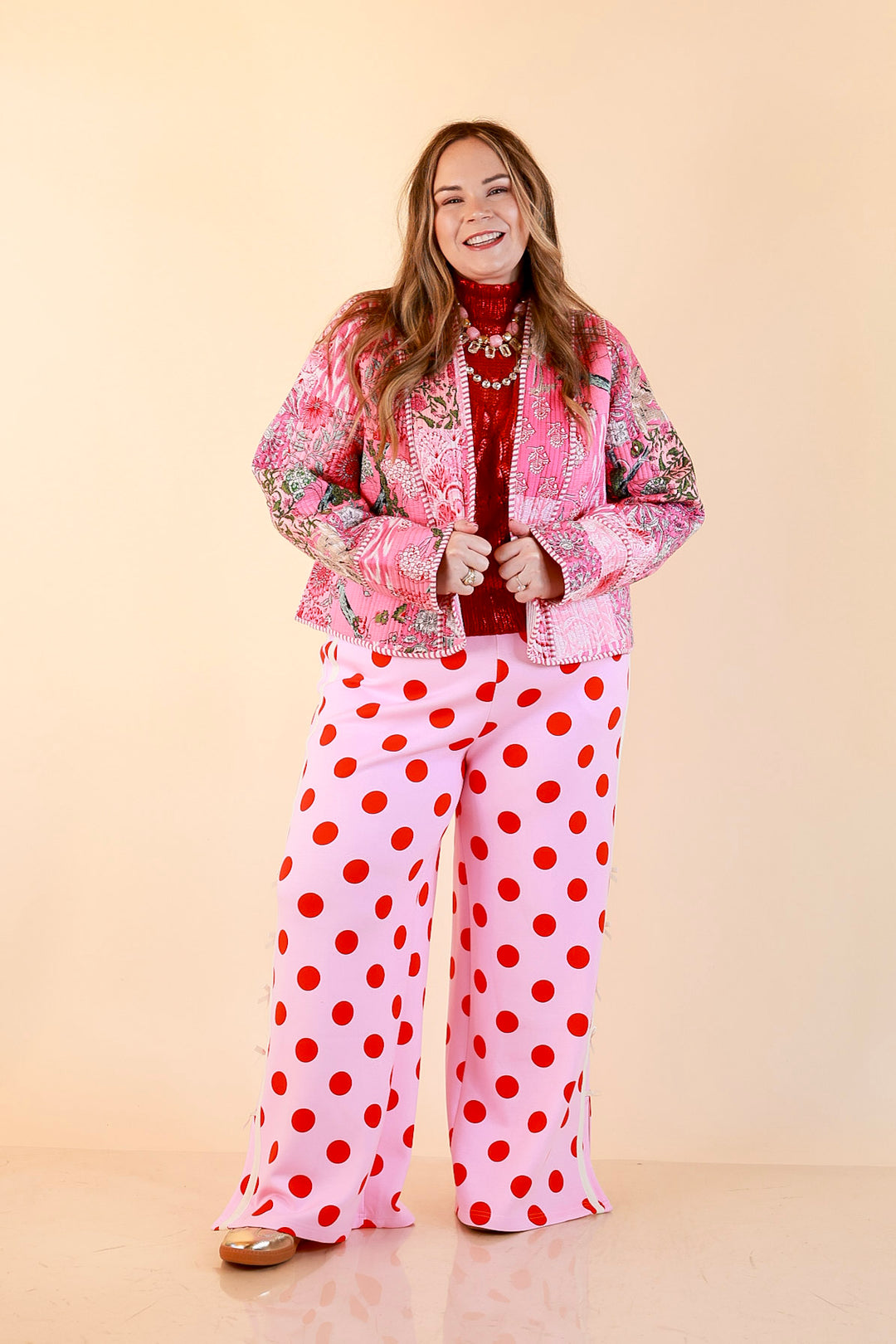Fresh Take Quilted Patchwork Block Print Open Front Jacket with Striped Trim in Pink