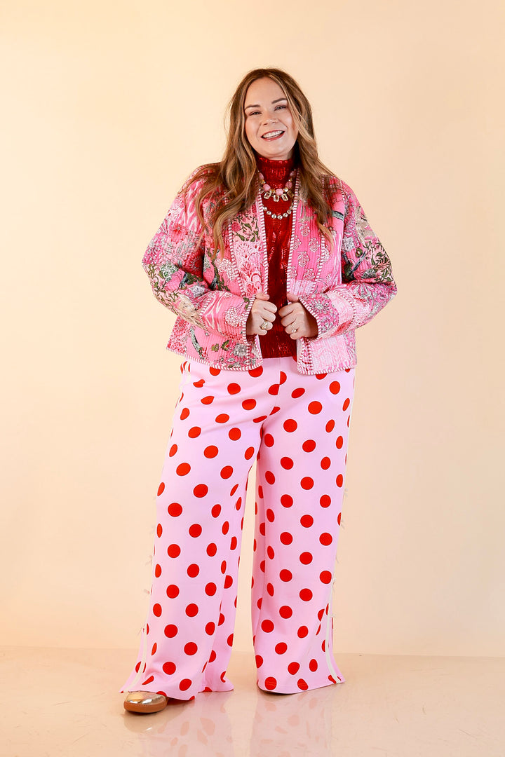 Fresh Take Quilted Patchwork Block Print Open Front Jacket with Striped Trim in Pink