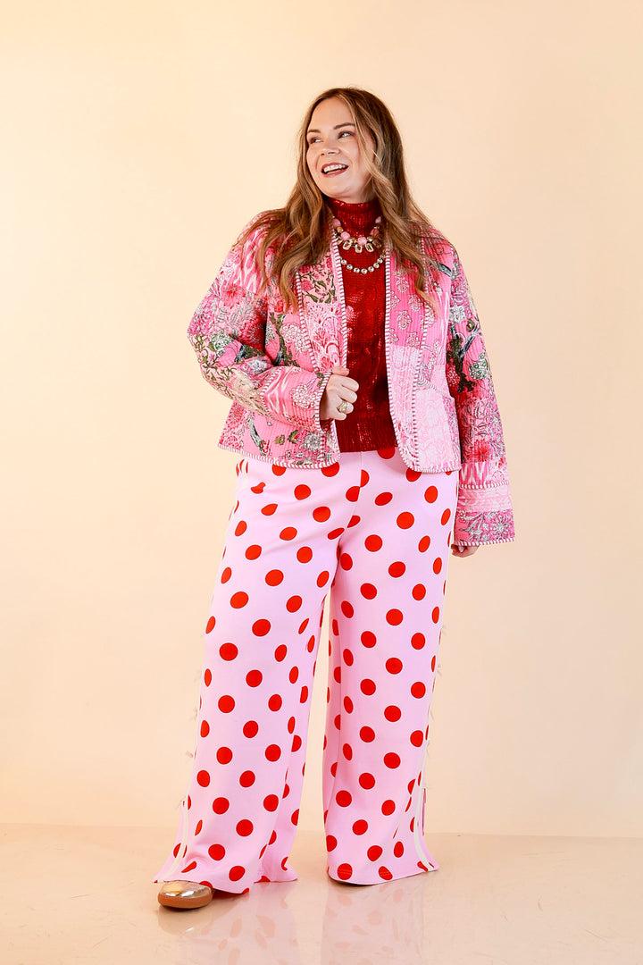 Fresh Take Quilted Patchwork Block Print Open Front Jacket with Striped Trim in Pink