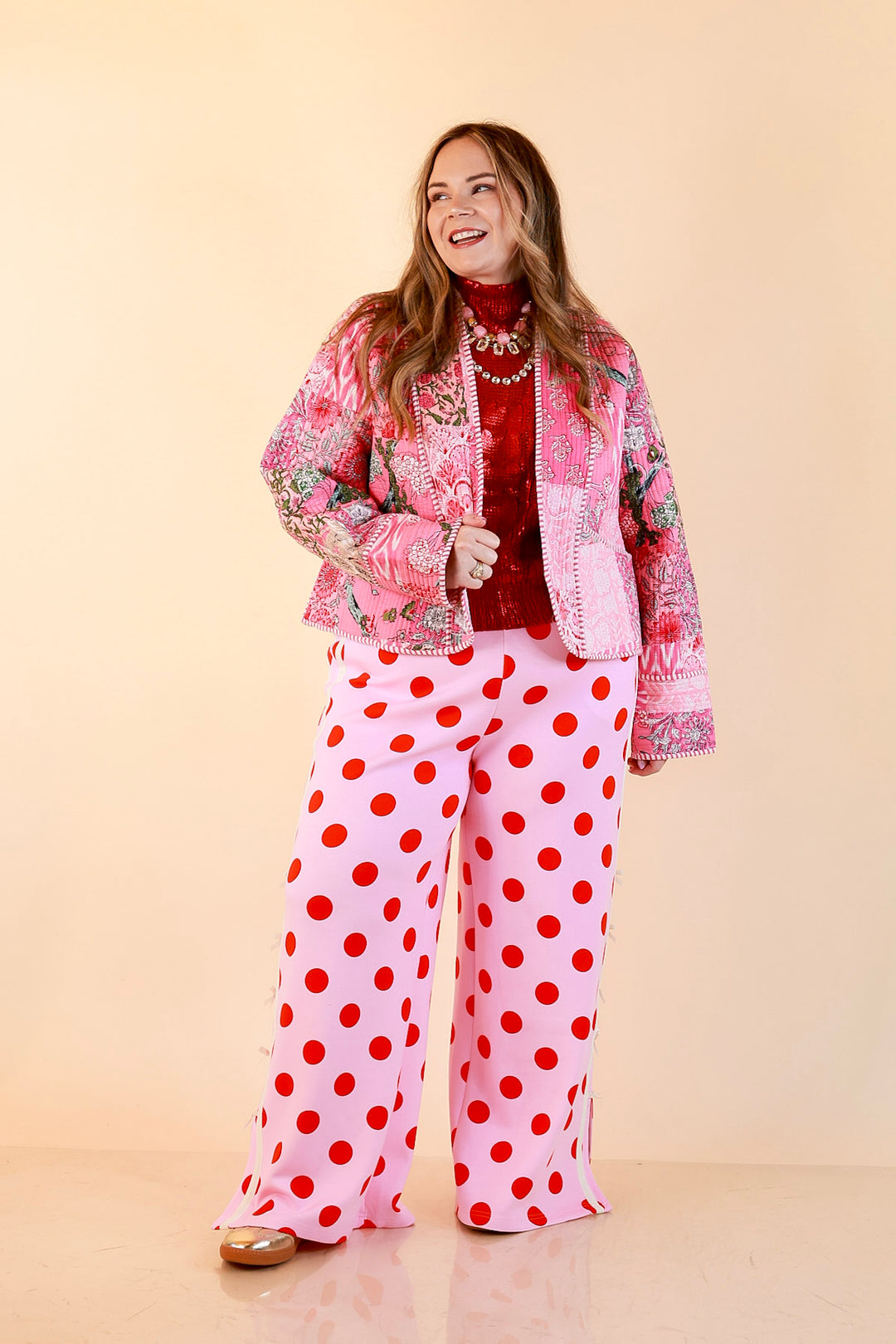 Fresh Take Quilted Patchwork Block Print Open Front Jacket with Striped Trim in Pink