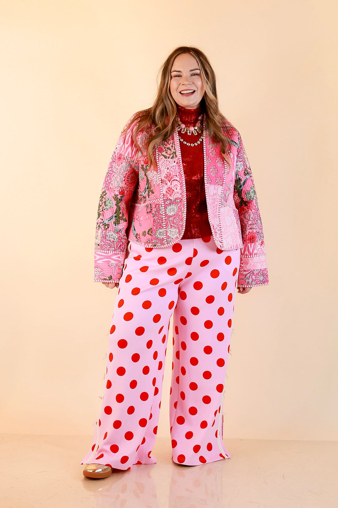 Fresh Take Quilted Patchwork Block Print Open Front Jacket with Striped Trim in Pink