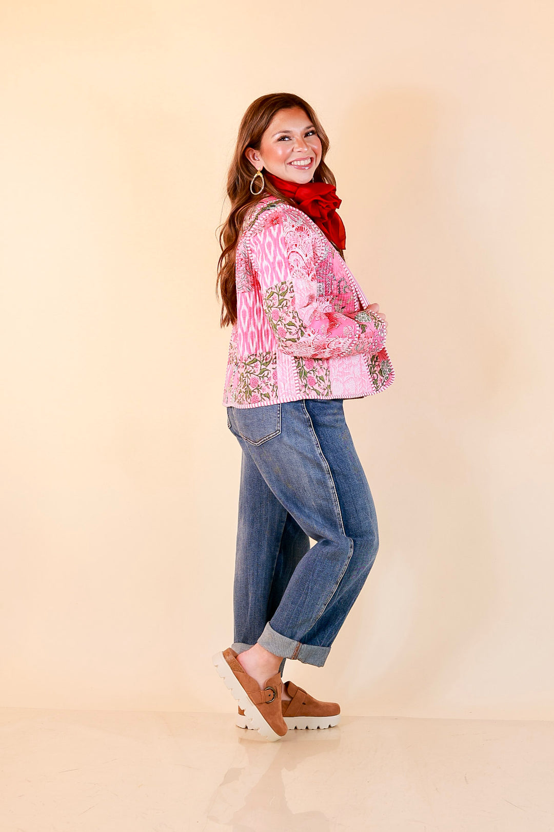 Fresh Take Quilted Patchwork Block Print Open Front Jacket with Striped Trim in Pink