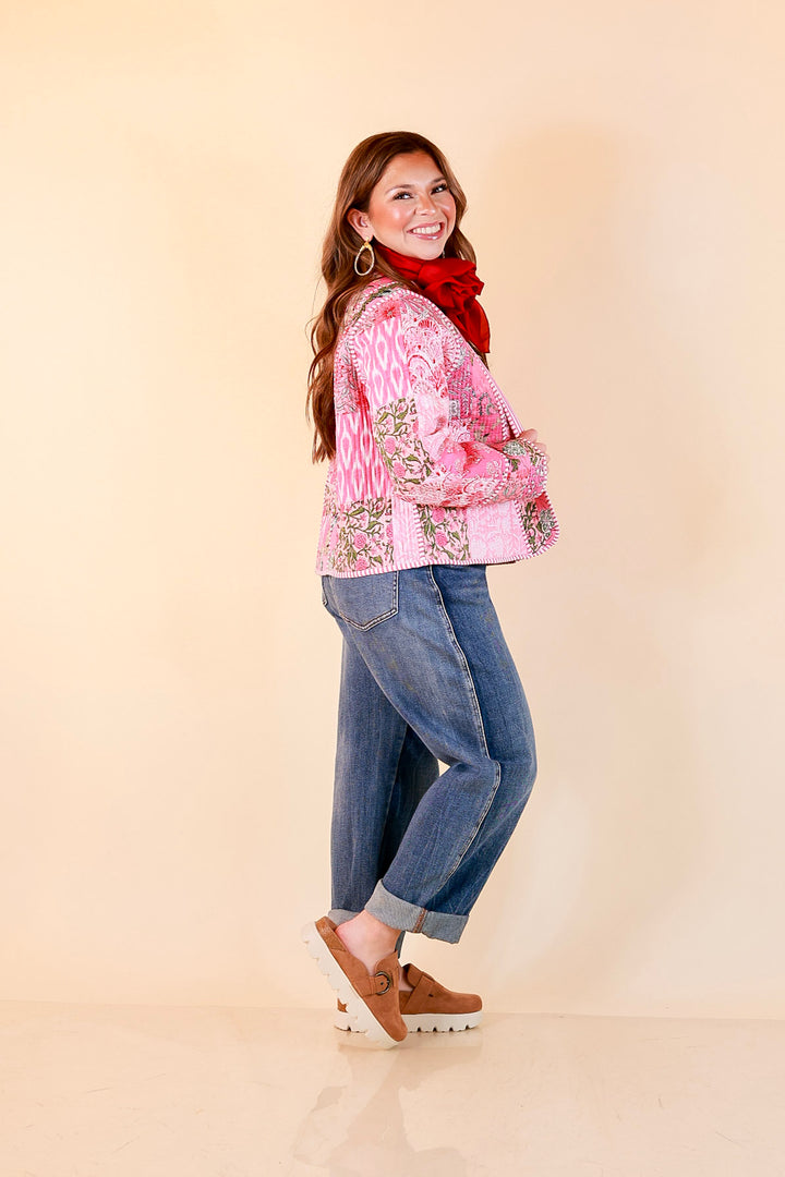 Fresh Take Quilted Patchwork Block Print Open Front Jacket with Striped Trim in Pink