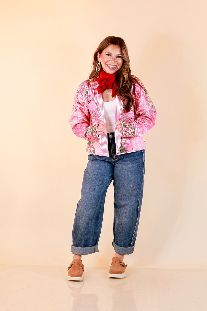 Fresh Take Quilted Patchwork Block Print Open Front Jacket with Striped Trim in Pink