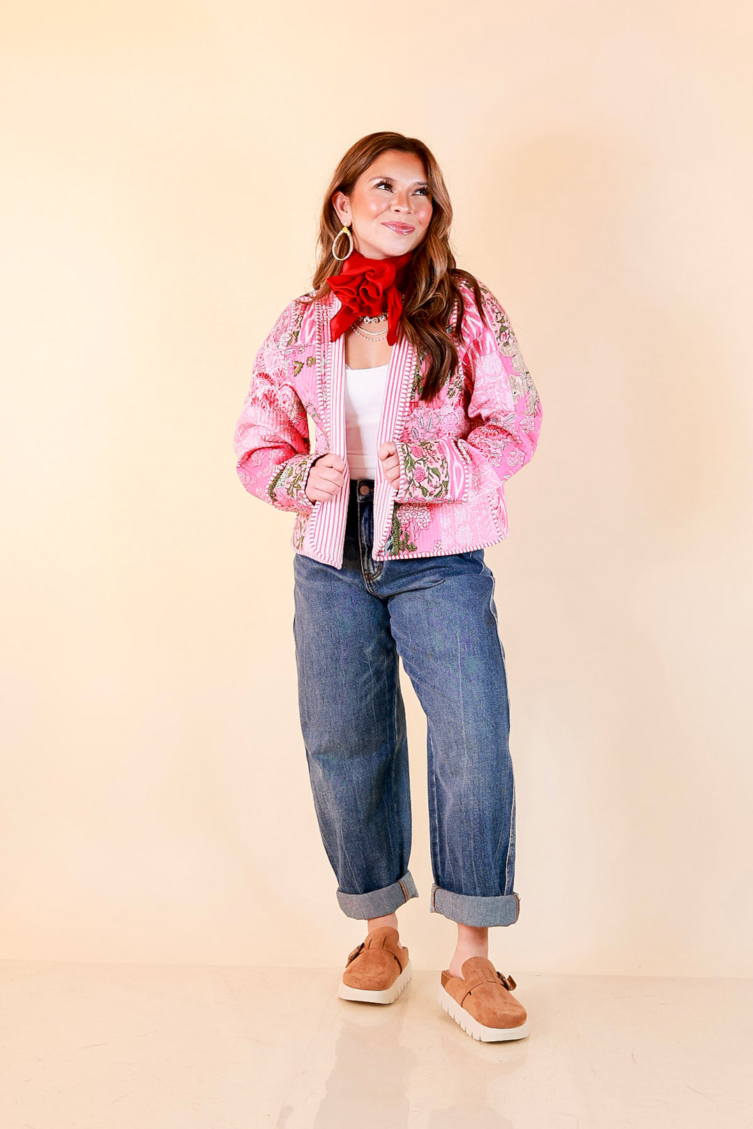 Fresh Take Quilted Patchwork Block Print Open Front Jacket with Striped Trim in Pink