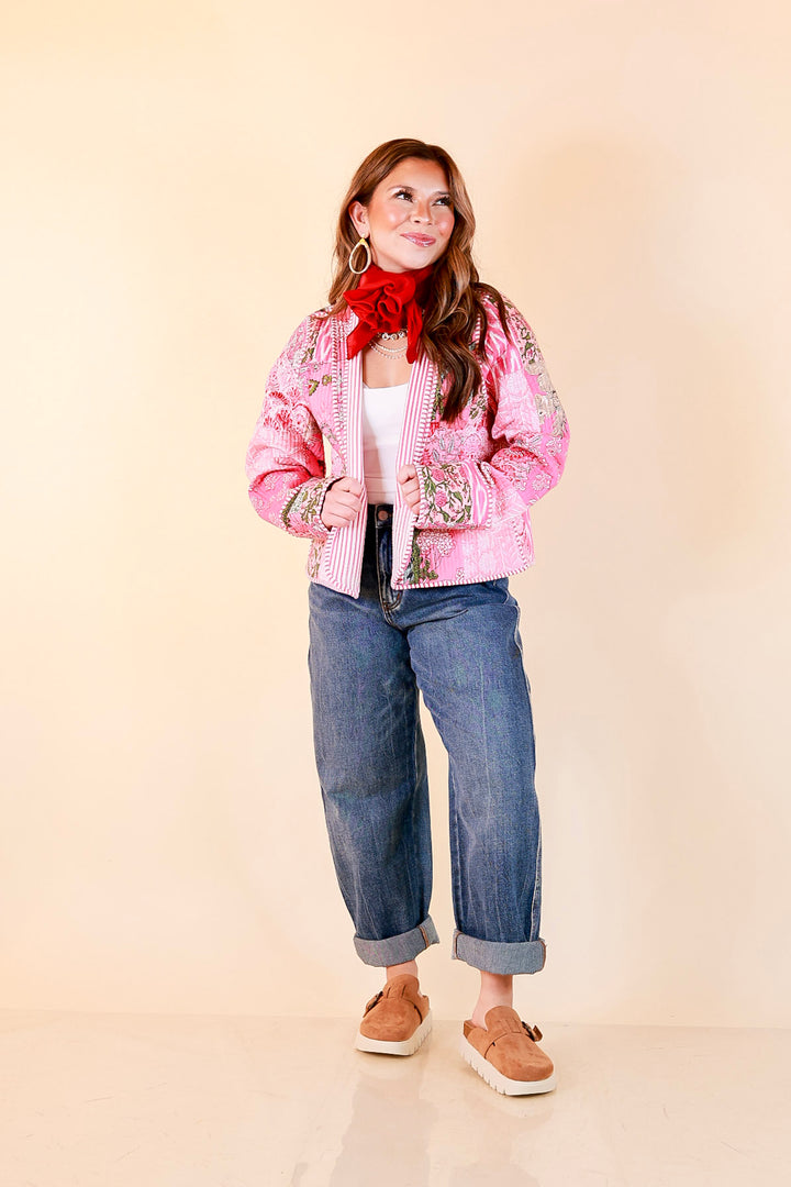 Fresh Take Quilted Patchwork Block Print Open Front Jacket with Striped Trim in Pink