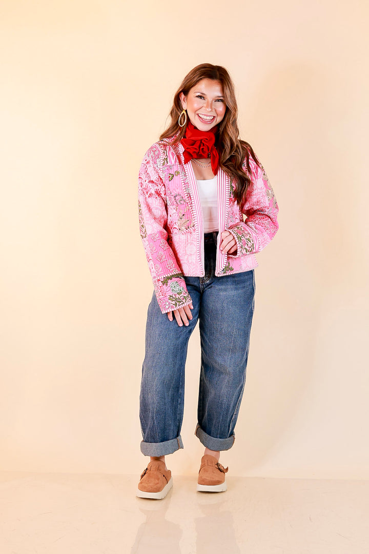 Fresh Take Quilted Patchwork Block Print Open Front Jacket with Striped Trim in Pink