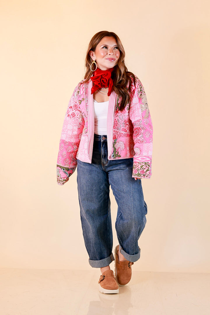 Fresh Take Quilted Patchwork Block Print Open Front Jacket with Striped Trim in Pink