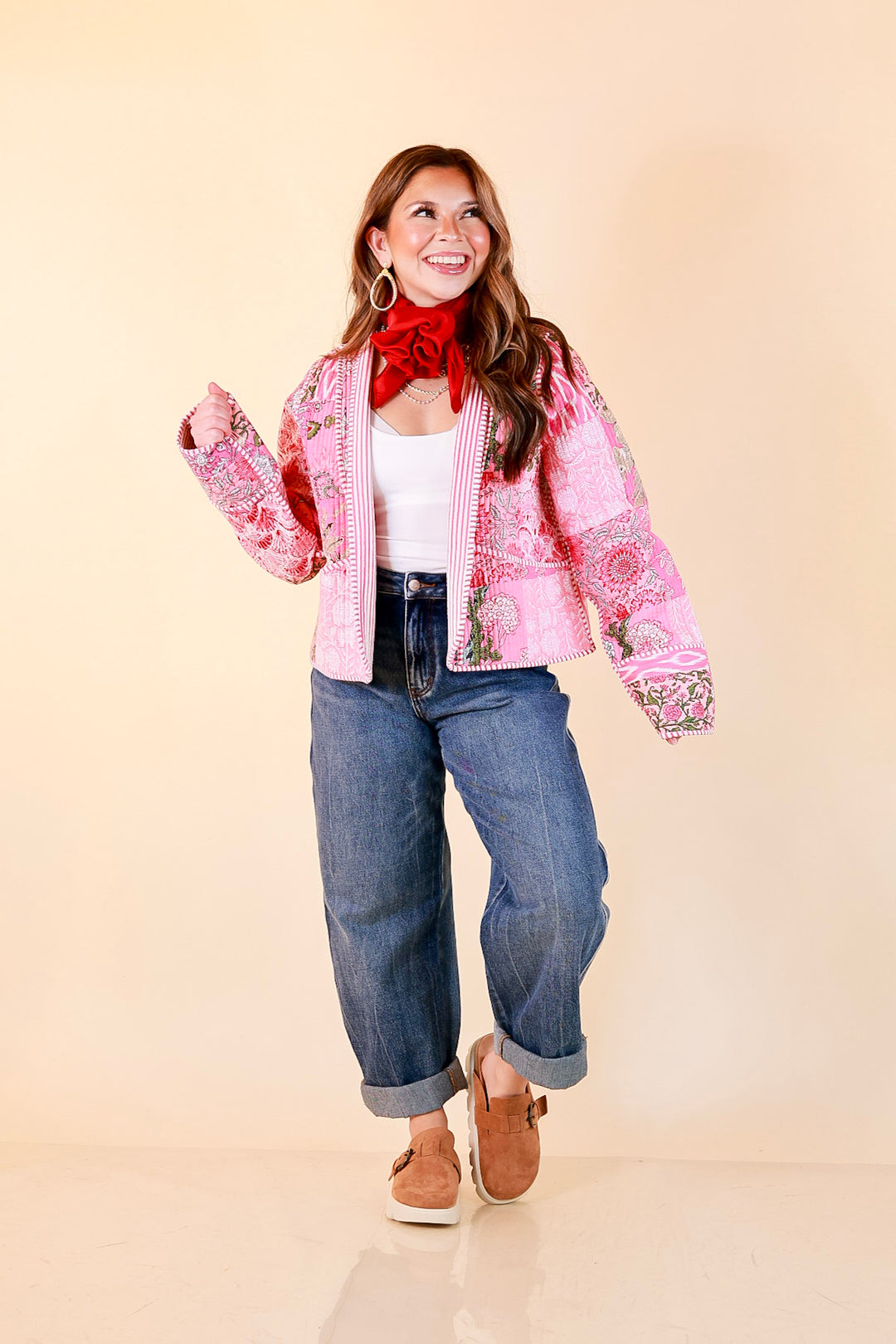 Fresh Take Quilted Patchwork Block Print Open Front Jacket with Striped Trim in Pink