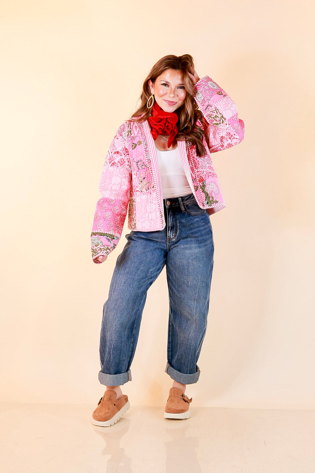 Fresh Take Quilted Patchwork Block Print Open Front Jacket with Striped Trim in Pink