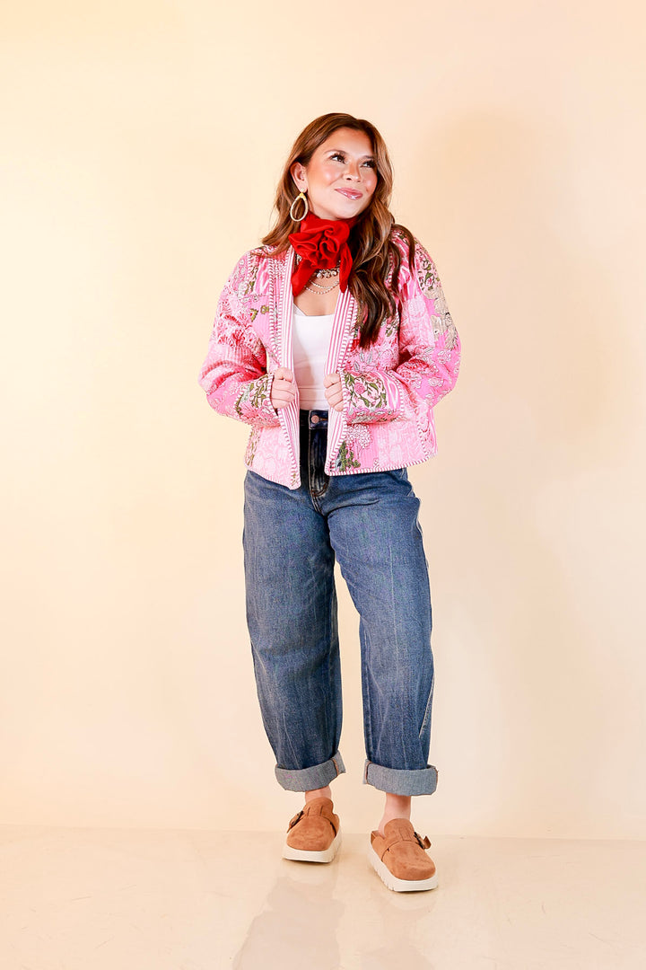 Fresh Take Quilted Patchwork Block Print Open Front Jacket with Striped Trim in Pink