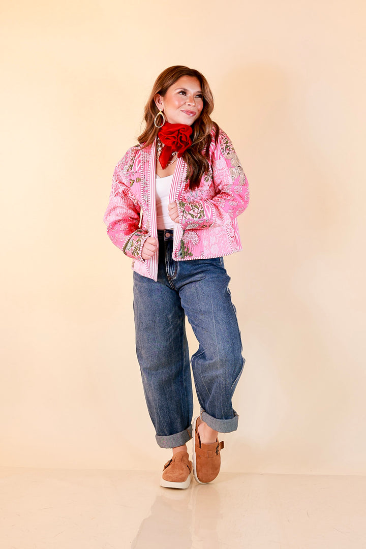 Fresh Take Quilted Patchwork Block Print Open Front Jacket with Striped Trim in Pink